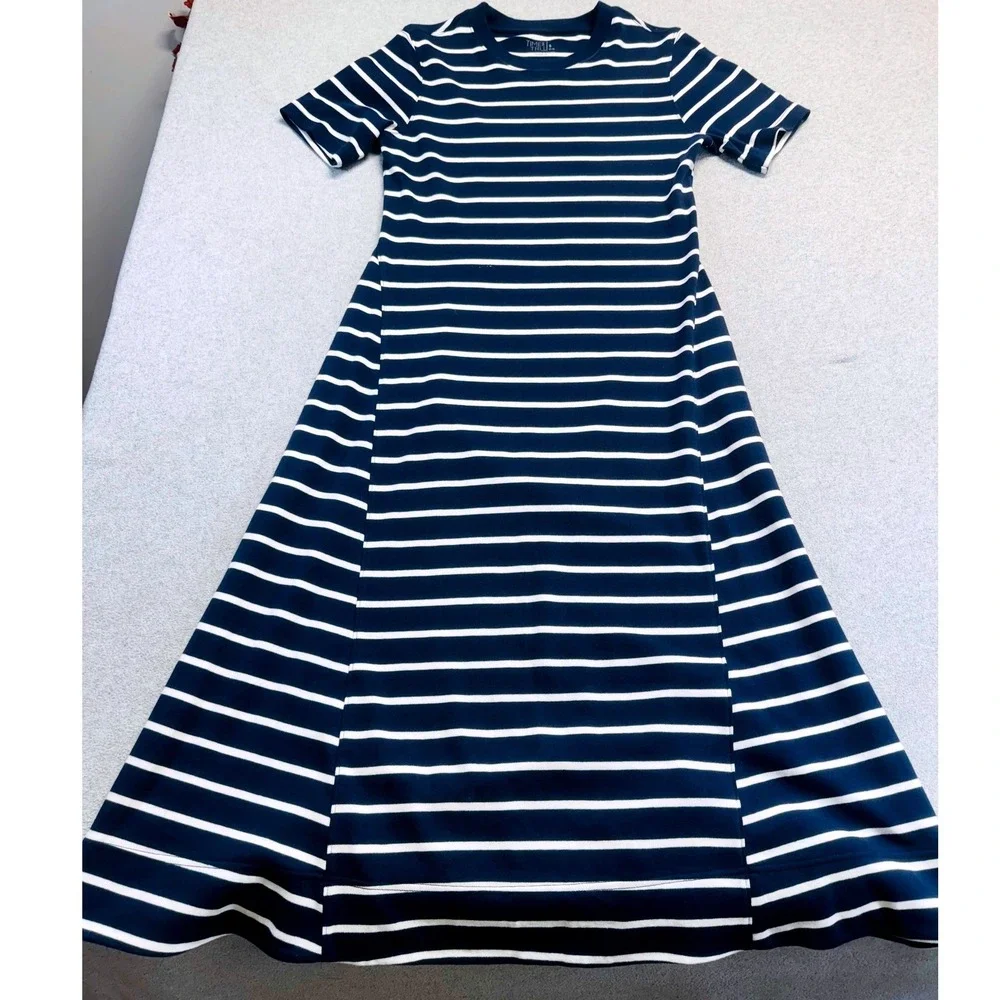 Women's Blue White Striped Maxi Dress S Short Sleeve A-Line Casual Knit Nautical